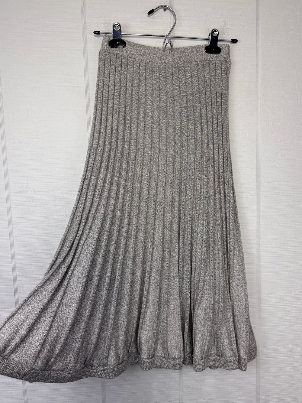 Sayaka Davis Gray Wool Cotton Pleaded Ribbed Knit Sweater Flared Midi Skirt